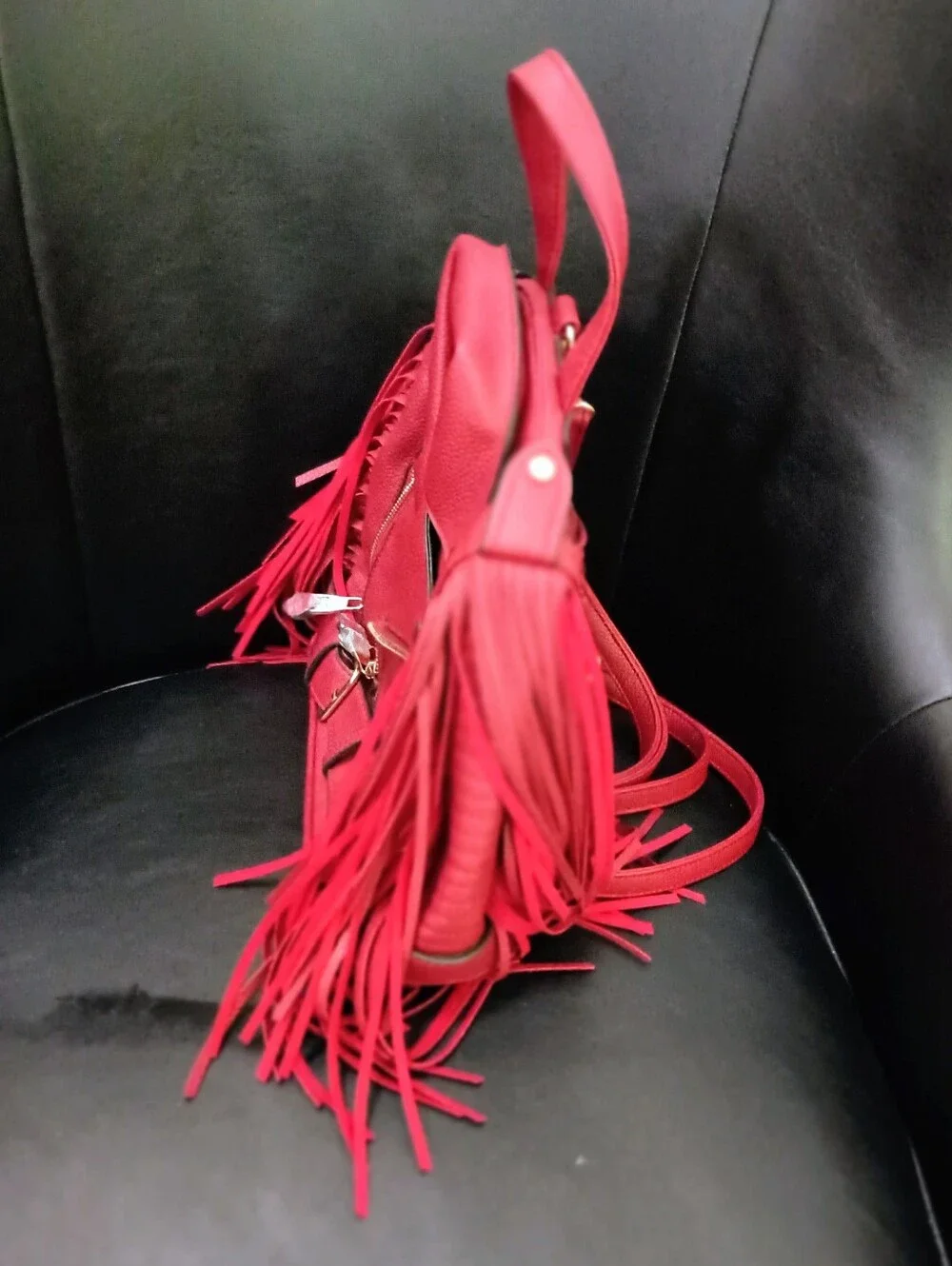 Fringed Faux Leather Moto Tote Bag in Red